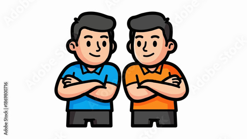 Two cartoon boys in blue and orange shirts, arms crossed, with black hair and smiles