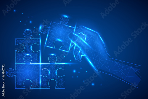 Polygonal hand placing a puzzle piece in a digital space. Symbolizes problem-solving, integration, and innovation. Perfect for tech, strategy, and futuristic concept visuals.