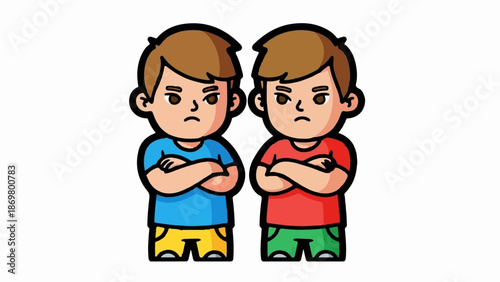 Two cartoon boys with arms crossed, looking grumpy