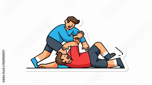 Two cartoon figures engaged in a wrestling match on a white background