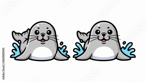 Two cute cartoon seals waving flippers with splashes of water