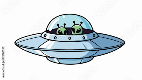 Two cute green aliens peek out from a shiny flying saucer with a glass dome