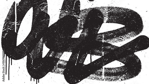 Abstract black graffiti tag with dripping paint on a white background.