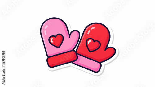 Two cute mittens with hearts, one pink, one red, on a white background