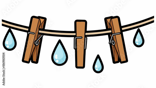 Three wooden clothespins hold a line, with water droplets falling