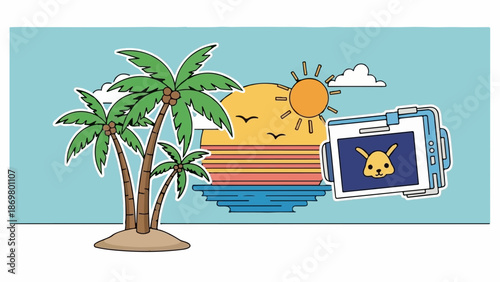 Tropical sunset with palm trees, birds, and a tablet displaying a cute animal