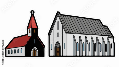Two distinct architectural styles of places of worship, each with unique rooflines and window arrangements