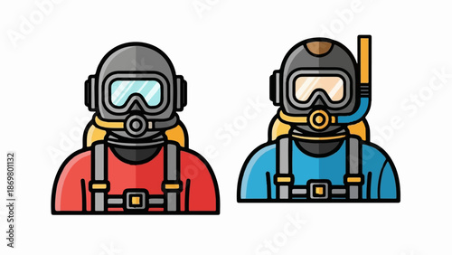 Two divers with masks and tanks, one red, one blue