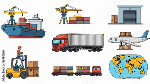 Various modes of transportation and logistics for global shipping and distribution