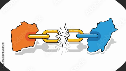 Two abstract shapes, one orange and one blue, are linked by a broken gold chain