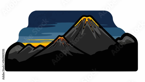 Two active volcanoes erupting with lava flows against a dark, cloudy sky