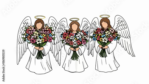 Three whimsical angels with halos and wings, holding colorful bouquets of flowers