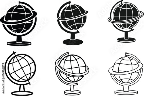 Variety of monochrome globe illustrations, symbolizing global navigation, education, and discovery