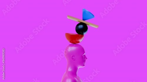 Pink man head with balance geometric figures. Realistic 3d art composition for social psychology, business in creative modern style. Surreal abstract concept design. Bright fashion loop animation.