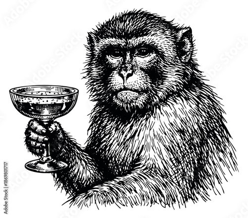 Hand drawn line art illustration of a monkey depicting it toasting with a coupe glass for a celebration