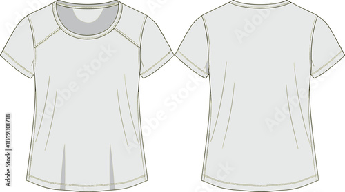 T-shirt sketch, raglan sleeves, pleated hem, relaxed fit, fashion flat, garment design, clothing template, apparel illustration, vector outline, casual style