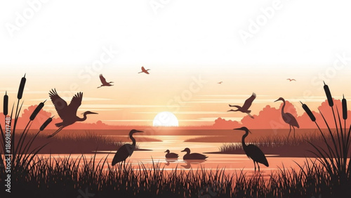 Serene sunset scene with silhouetted herons and ducks in a tranquil wetland landscape with cattails