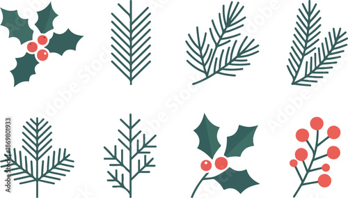 Christmas Foliage Outline Icon Set Holly, Pine, and Winter Branches