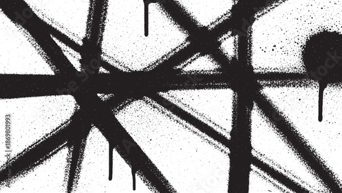 Abstract Black Spray Paint Lines and Splatter on White Background.