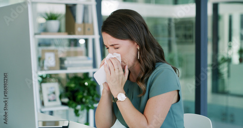 Fotografía Sick woman, flu and blowing nose with tissue in office for virus, hayfever or sinus allergies