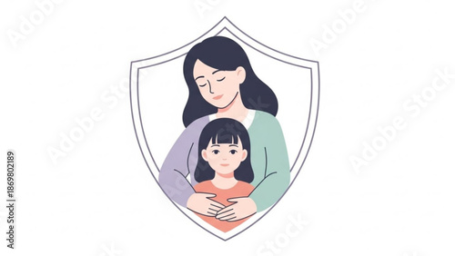 Mother embracing young daughter within protective shield symbolizing safety and love