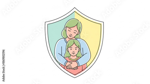 A cartoon illustration of a woman and a girl hugging inside a shield symbolizing protection and safety