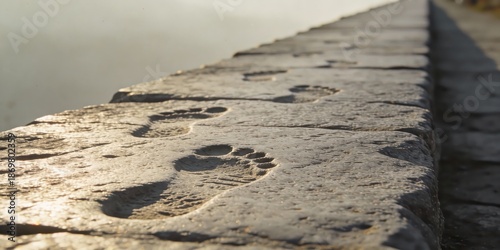 Footprints on a stone wall by the water's edge at sunset