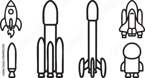Collection of black line depicting rockets spacecraft and astronaut travel