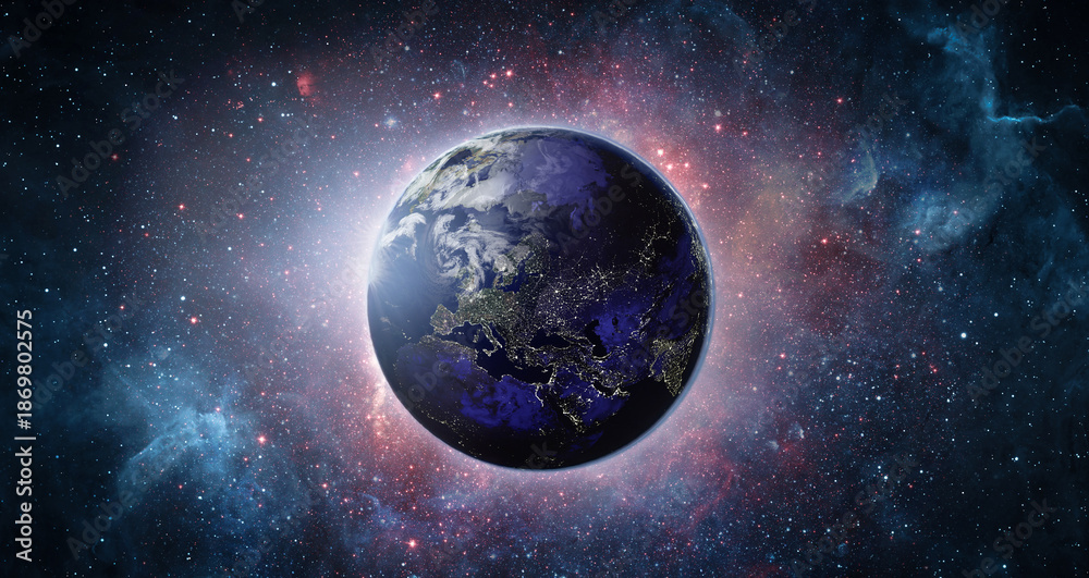 Obraz premium Panoramic view of the Earth, stars and galaxy. Planet Earth, view from space. Elements of this image furnished by NASA.