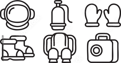 Collection of six black outline representing space exploration gear astronaut