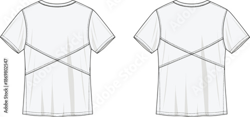 T-shirt technical sketch, front and back views, diagonal seam design, stitching detail, short sleeves, fashion illustration, garment construction