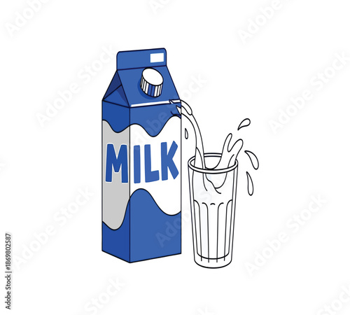 Pouring milk from a carton into a clear glass simple cartoon illustration