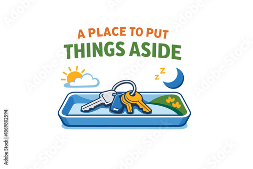 Keys on tray with sun and moon symbols illustrating organization and time