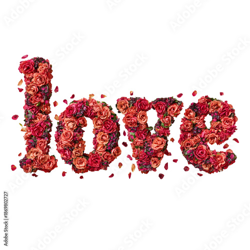 A captivating floral arrangement spells out the word love, crafted with vibrant roses, evoking a feeling of affection and romance