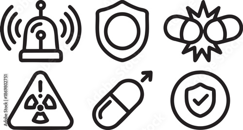 Set of six black and white representing security safety and health alarm signal shield protection