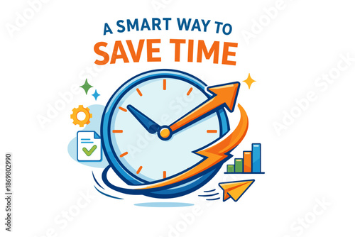 Efficient time management concept with clock and upward arrow illustration