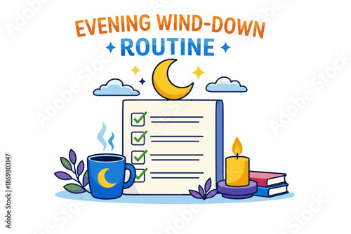 Evening wind-down checklist with moon, candle, and tea for relaxation