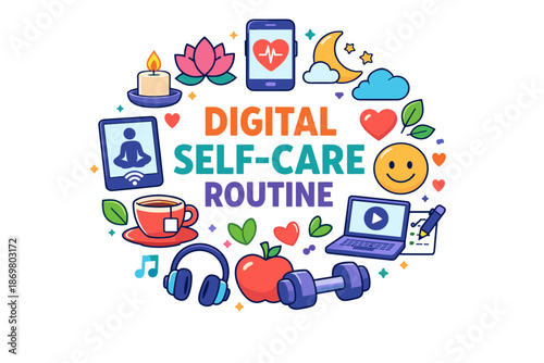 Digital self-care routine with wellness, relaxation, and mindfulness elements