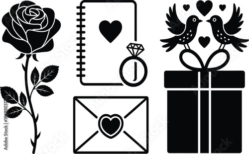 Collection Of Romantic Valentine Day Silhouette Icons Featuring Rose Heart Gift Box And Love Letter Vector.