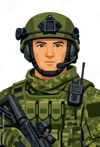 Detailed vector illustration of a modern infantry soldier in digital camouflage uniform and tactical gear. The character is equipped with helmet, radio, body armor, and assault rifle. Isolated on a wh