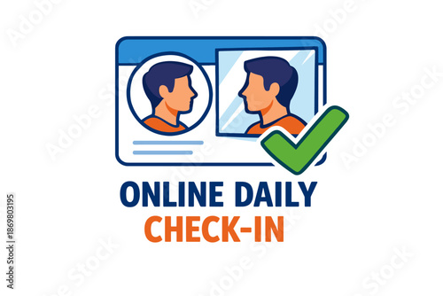 Online daily check-in process illustration with green checkmark icon