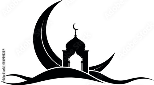 Islamic mosque silhouette crescent moon vector illustration isolated on transparent background