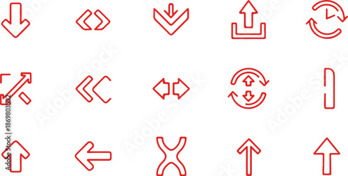 A collection of modern red icons on a white background for design and navigation purposes