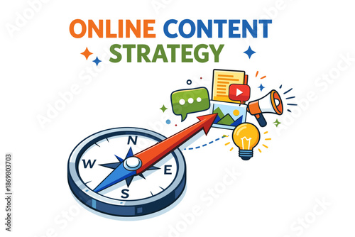 Online content strategy concept with compass, megaphone, and digital icons