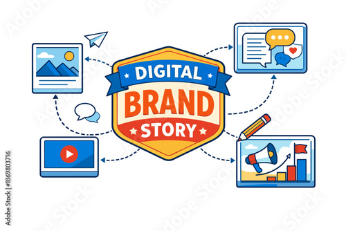 Digital brand story concept with marketing icons and communication elements