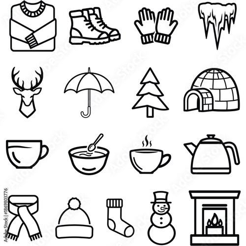 A collection of winter icons including clothing, hot drinks, and festive symbols.