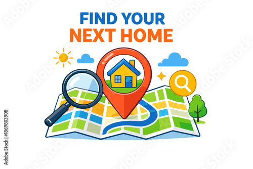 Find your next home: real estate location map with house icon and magnifying glass