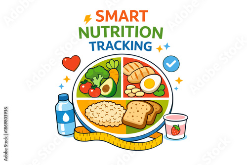 Smart nutrition tracking illustration with balanced food plate and hydration elements