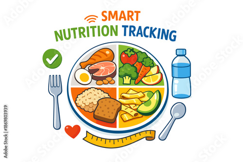 Balanced diet illustration with smart nutrition tracking concept