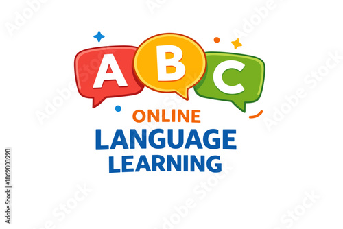 Colorful speech bubbles promoting online language learning